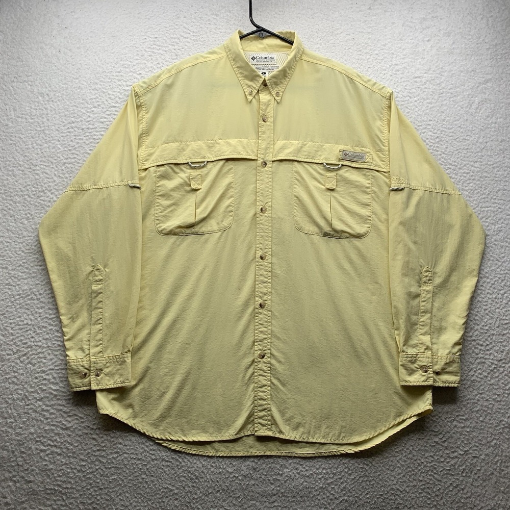 VTG Columbia PFG Low Drag Offshore Shirt Mens Large Yellow UPF 30+ Fishing Vent